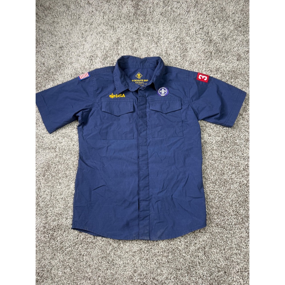 Cub Scouts BSA Uniform Shirt Youth Medium Blue Short Sleeve Patches Official